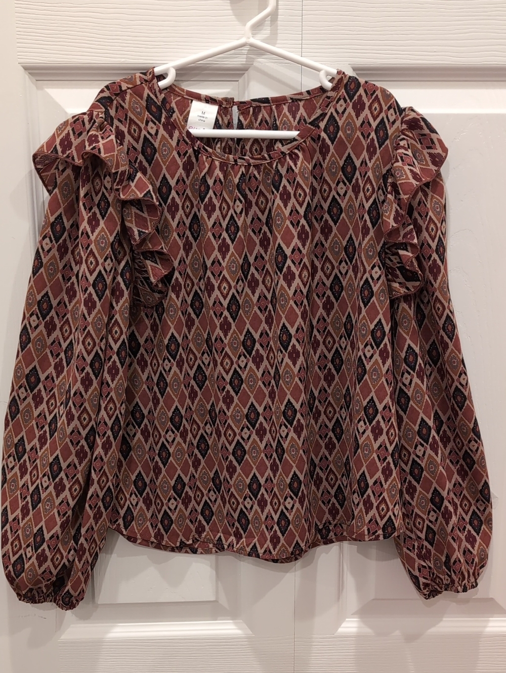 Ruffled Shoulder Printed Blouse - Rust Multi